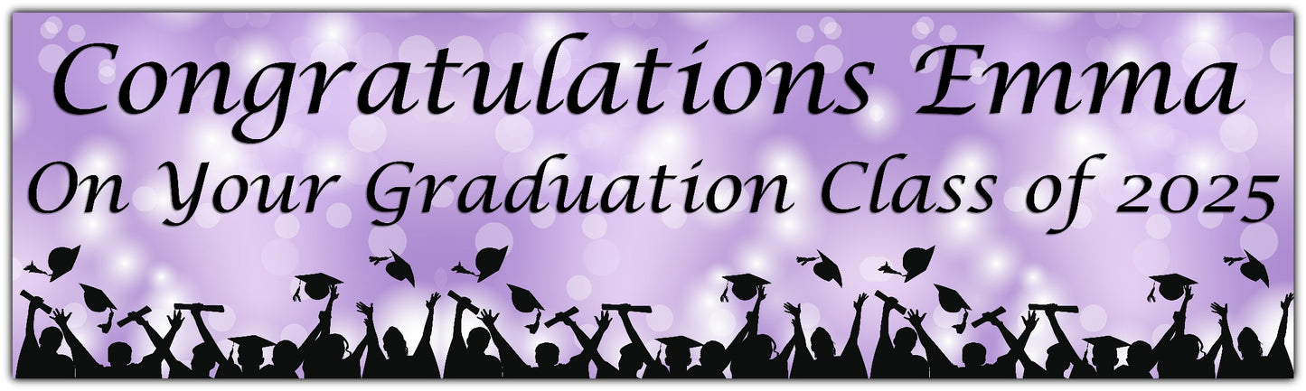 Graduation Bokeh Celebration Banner in Lilac, Personalised with congratulations name on your graduation class of 2025