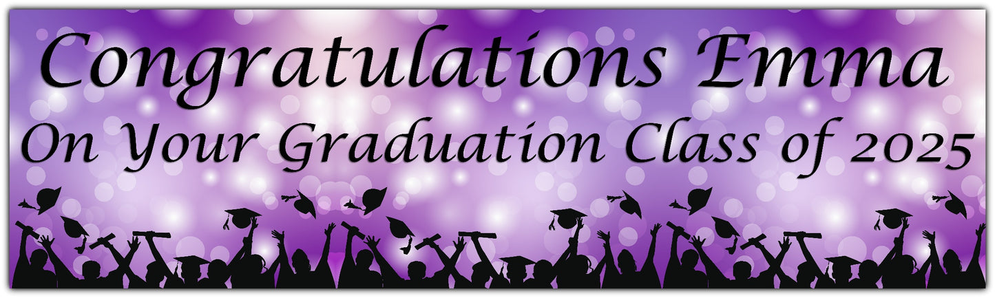 Graduation Bokeh Celebration Banner in Purple, Personalised with congratulations name on your graduation class of 2025