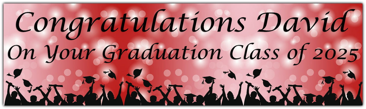 Graduation Bokeh Celebration Banner in Red, Personalised with congratulations name on your graduation class of 2025