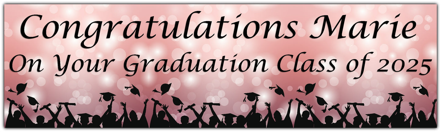 Graduation Bokeh Celebration Banner in Rose Gold, Personalised with congratulations name on your graduation class of 2025