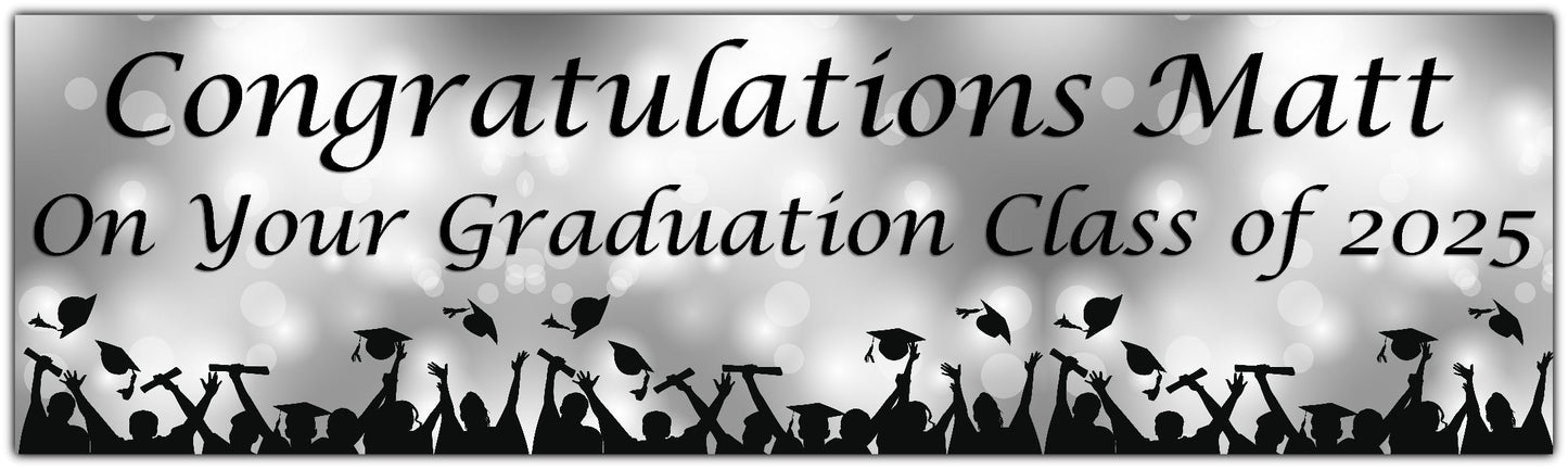 Graduation Bokeh Celebration Banner in Silver, Personalised with congratulations name on your graduation class of 2025
