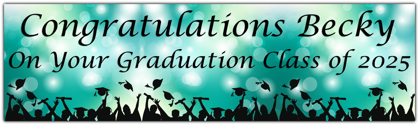 Graduation Bokeh Celebration Banner in Teal, Personalised with congratulations name on your graduation class of 2025