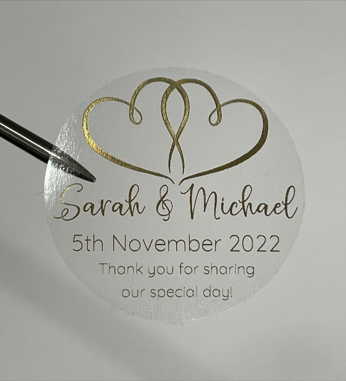 Wedding Hearts Personalised Foiled 24pk 50mm Clear Round Stickers