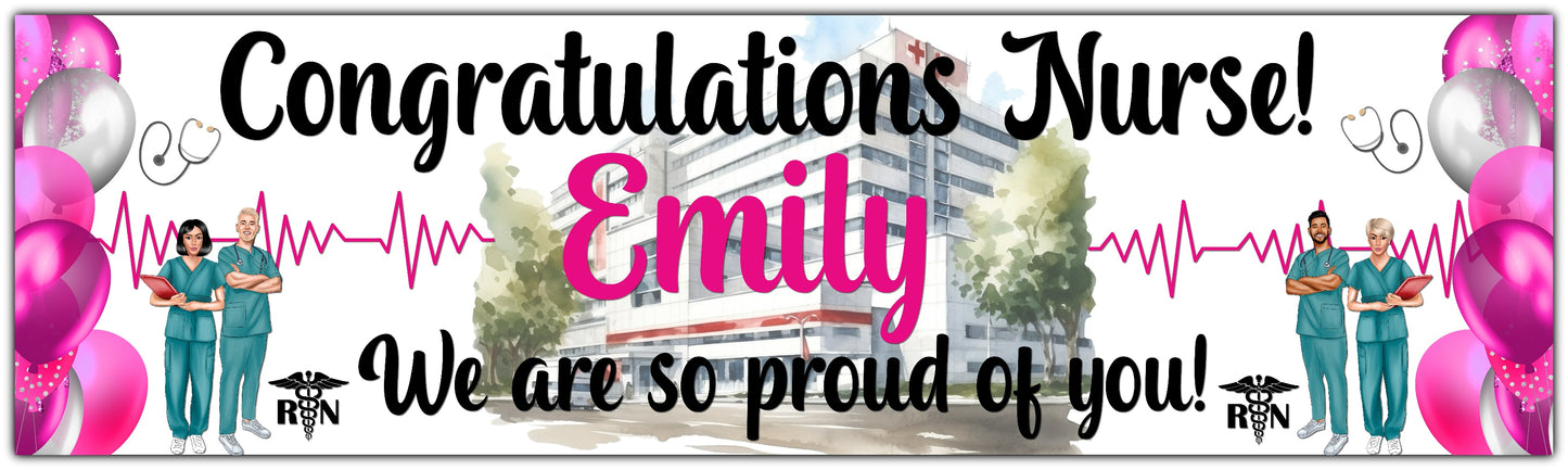 Congratulations Nurse Qualification celebration banner personalised with name in pink