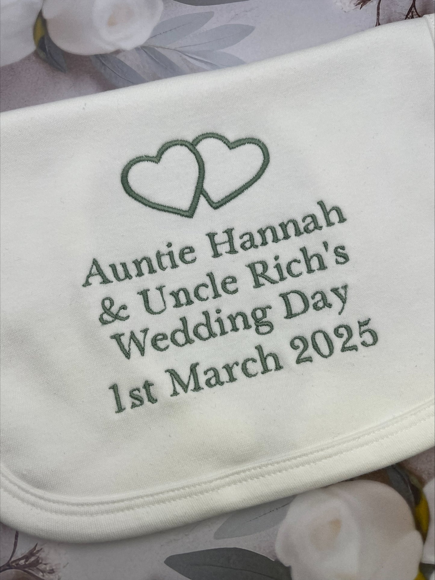 Personalised Double Hearts Wedding Bib Sage Green Embroidery