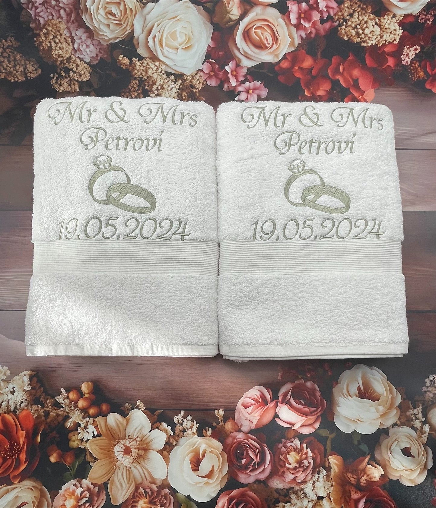 Personalised Wedding Bath Towels Silver Embroidery