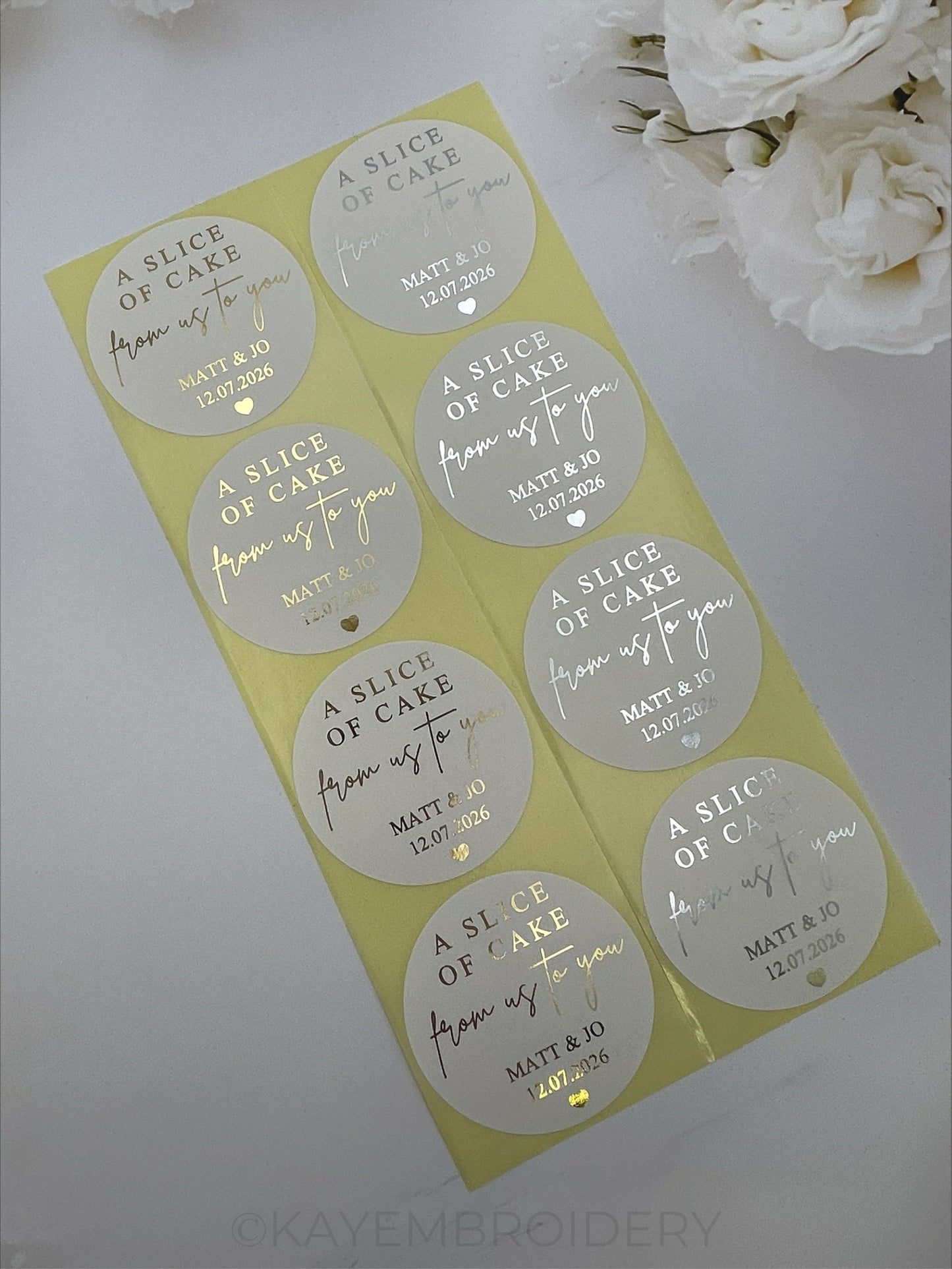 Wedding Cake thank you white Stickers foiled in gold or silver personalised with name and date