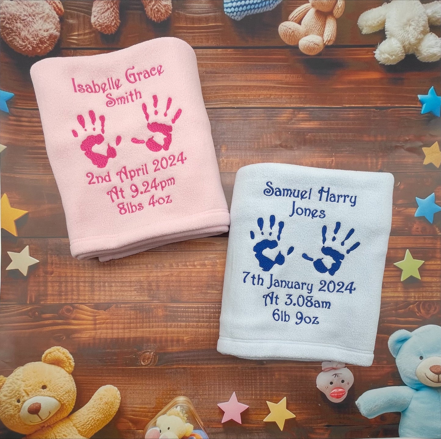 Baby Fleece Blanket, Embroidered with Handprints or Footprints and Personalised, New Baby Gift!