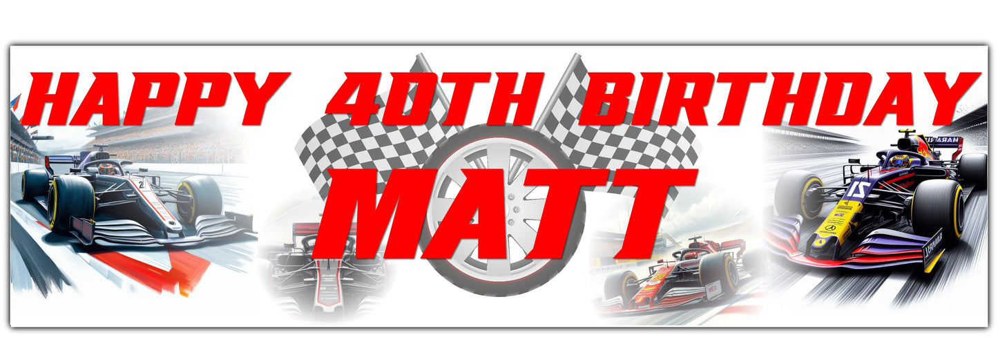 Racing Cars Birthday Banner personalised with Name and Age