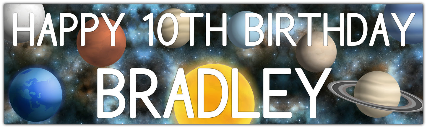 Space Birthday banner with stars and Planets, personalised with name and age