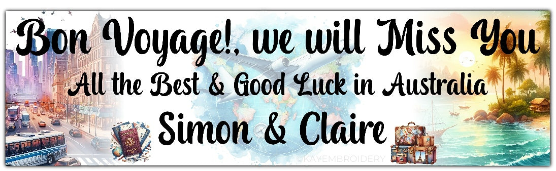 Bon Voyage adventure Travel Leaving Banner with city, beach and airplane theme personalised with names