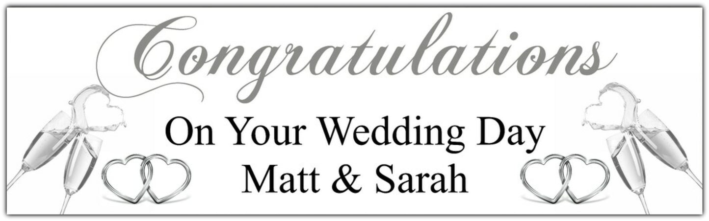 Wedding, Anniversary or Engagement Banner with champagne and hearts in Silver. Personalised with names and date.