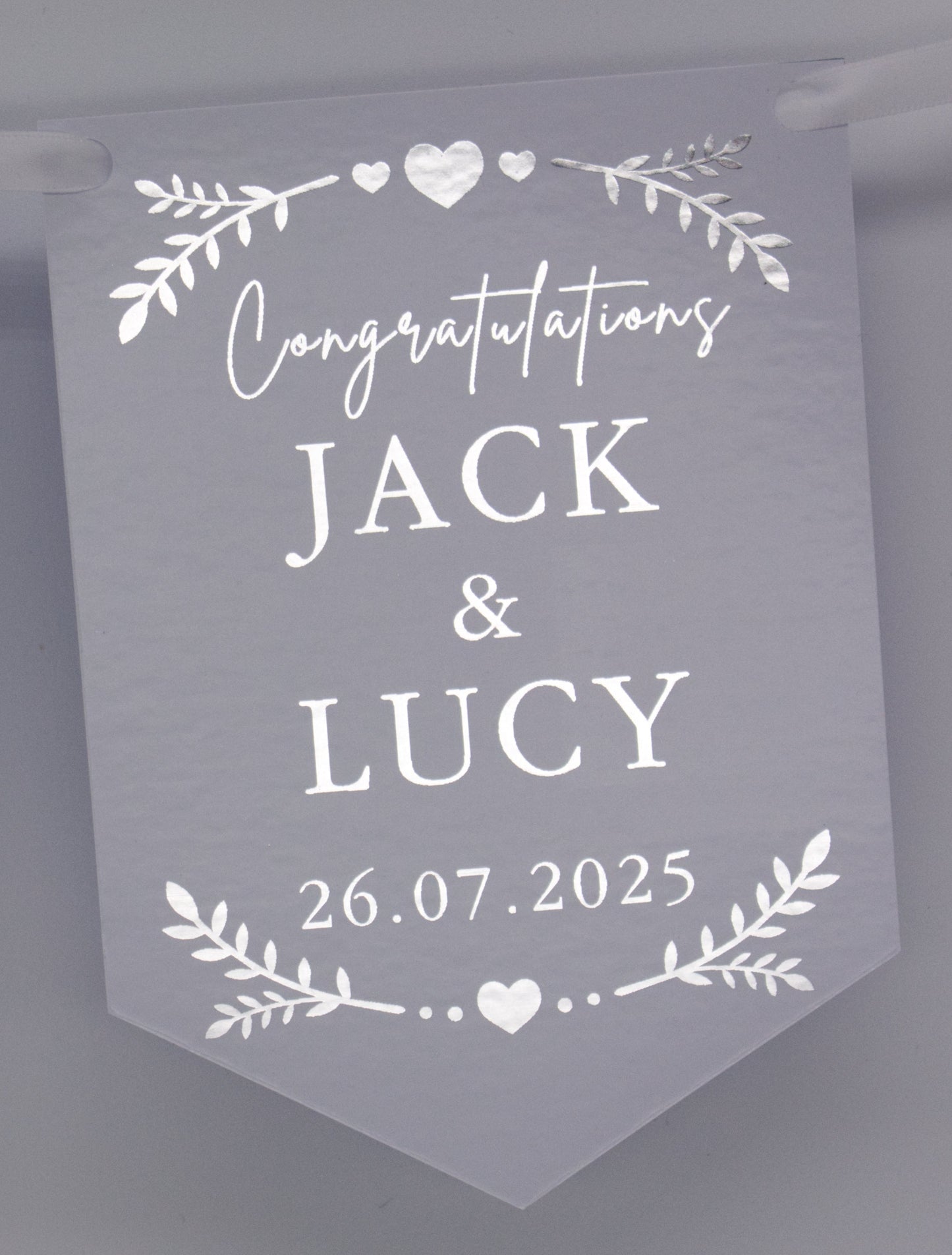 Greenery and Hearts Foiled Bunting with Names and Date in Silver. Made from Single Sided 300gsm gloss card