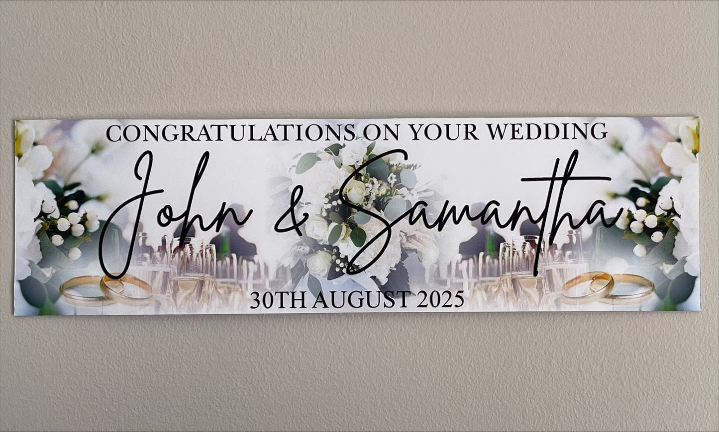 Wedding Banner with Flowers, Champagne and Rings image. Personalised with congratulations on your wedding, Names and Date