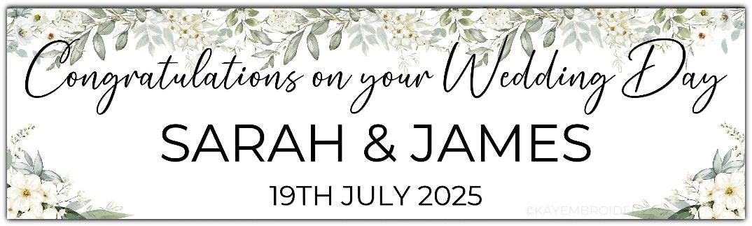 Wedding Day Banner with white flowers and greenery theme, personalised with names and date