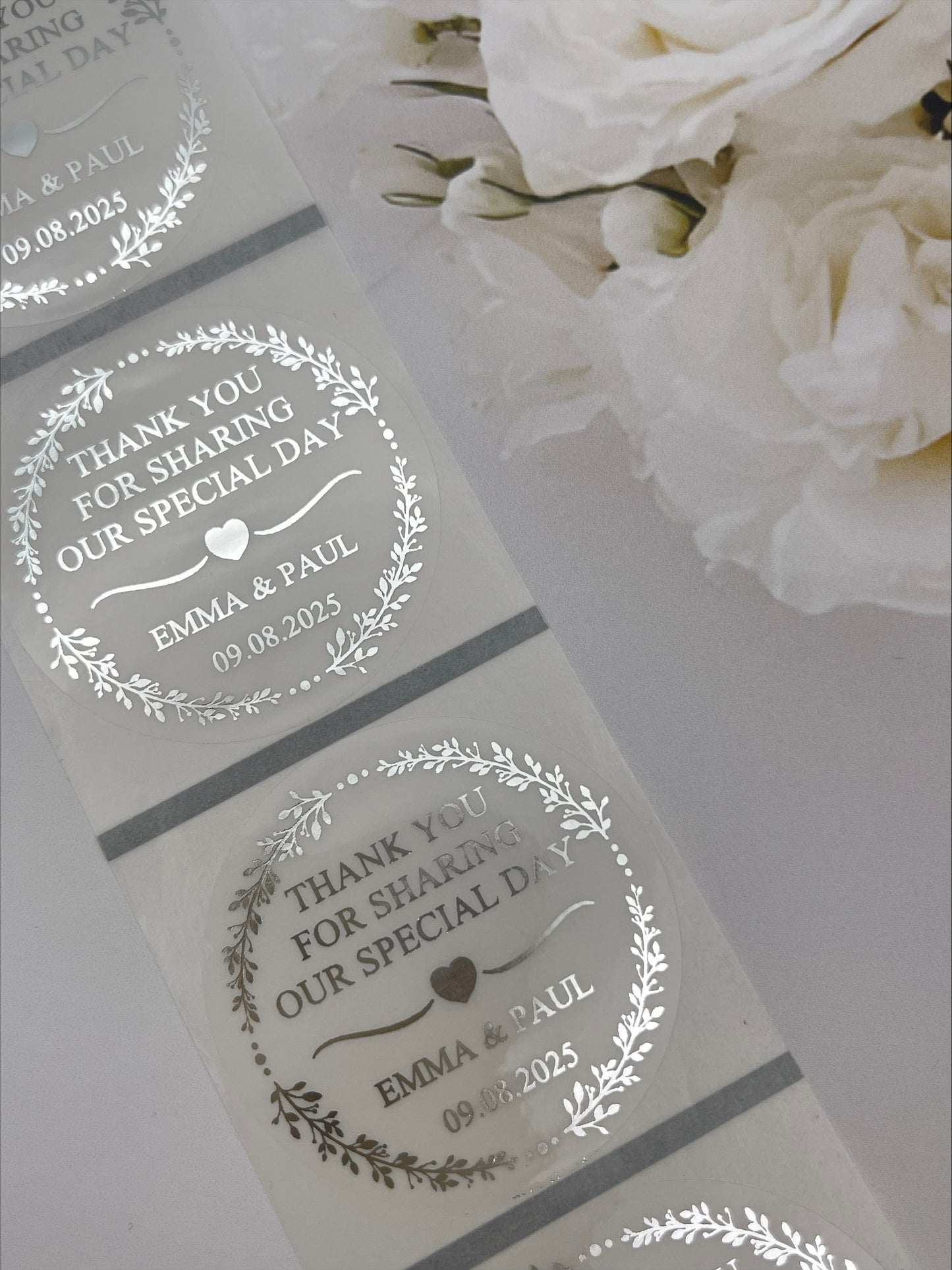 Wedding greenery edge Foiled Sticker in Metallic Silver personalised with names and Date