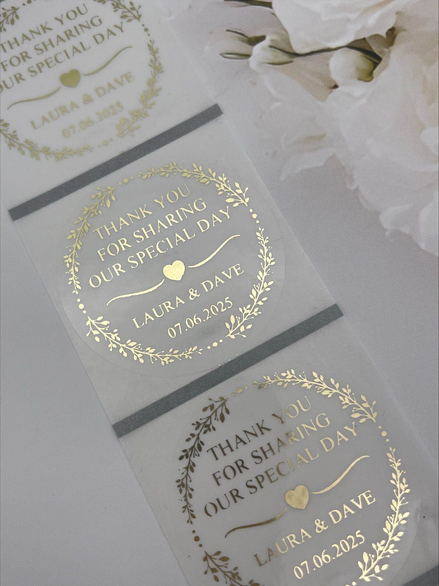 Wedding greenery edge Clear Foiled Sticker in Metallic Gold personalised with names and Date