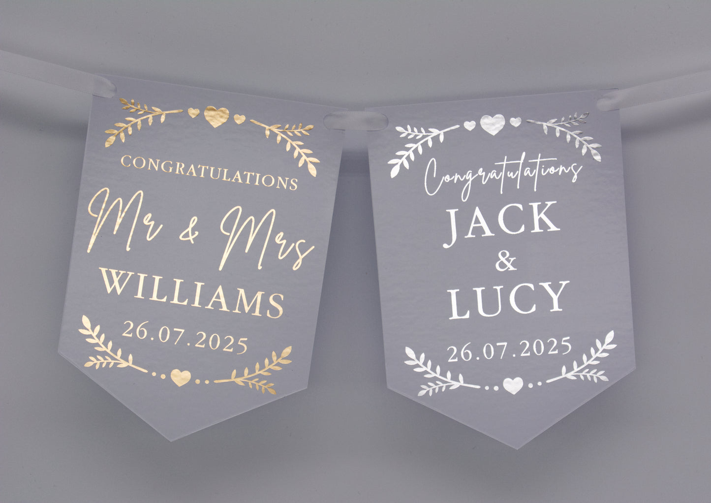 Greenery and Hearts Foiled Bunting with Names and Date in Gold or Silver. Made from Single Sided 300gsm gloss card