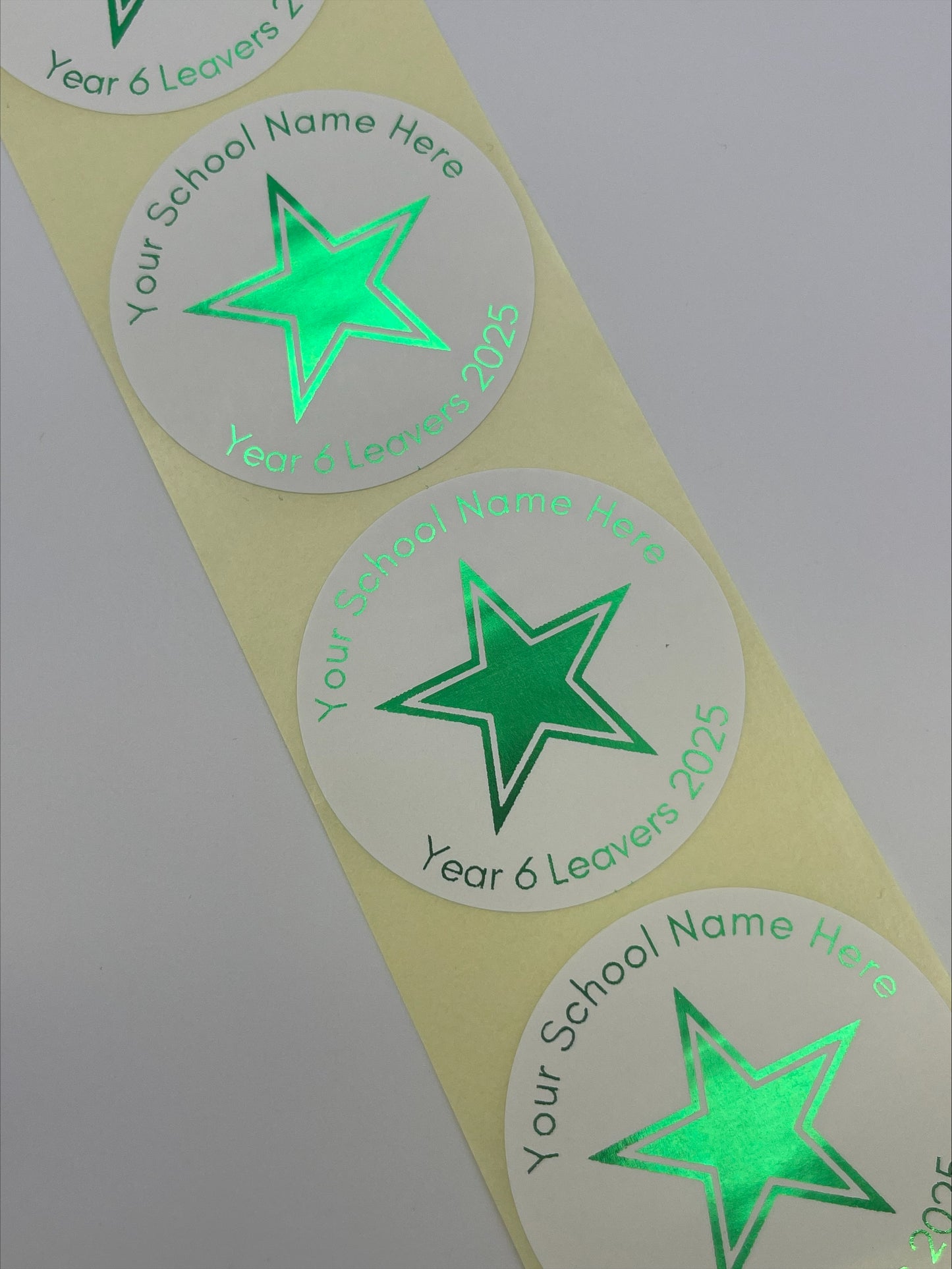 Year 6 Leavers Stickers personalised with School Name. Foiled in Metallic Green