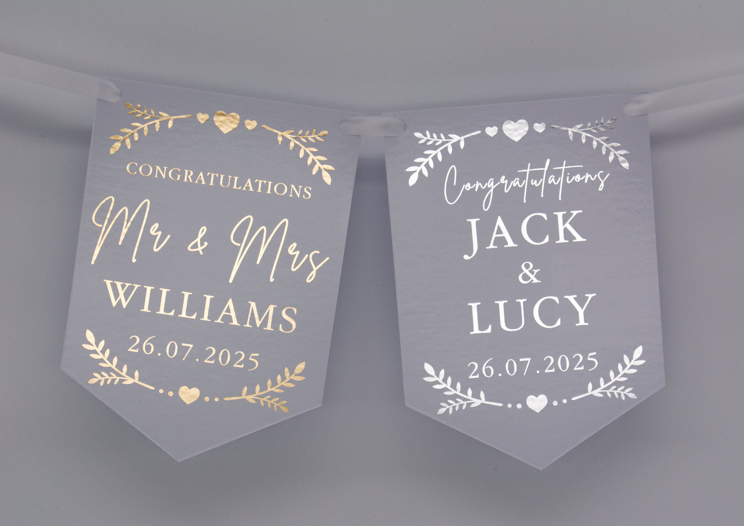 Greenery and Hearts Foiled Bunting with Names and Date in Gold or Silver. Made from Single Sided 300gsm gloss card