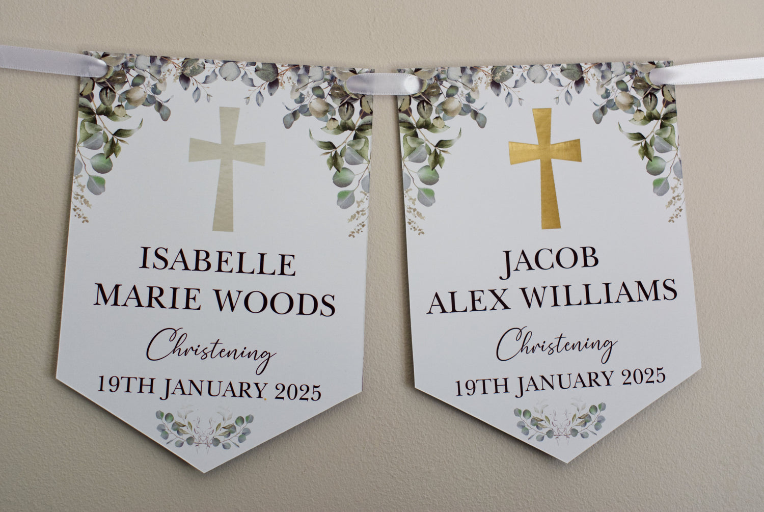 Christening bunting with eucalyptus, gold or Silver foiled Cross and personalised with Name, Christening and Date. Made from 300gsm single sided gloss cardstock
