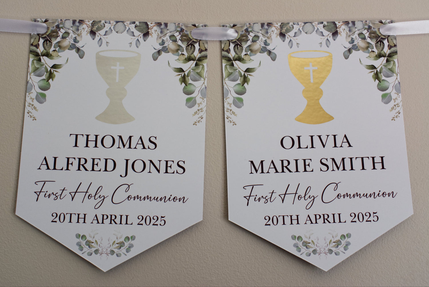 1st Holy Communion bunting with eucalyptus, gold or Silver foiled Chalice and personalised with Name, First Holy Communion and Date. Made from 300gsm single sided gloss cardstock