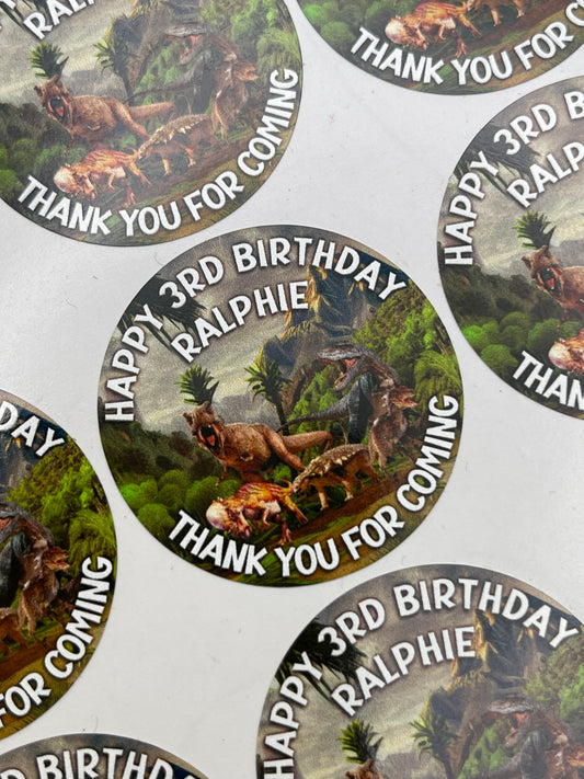 Dinosaurs Jurassic Theme Birthday Personalised round stickers for Party/gift bags
