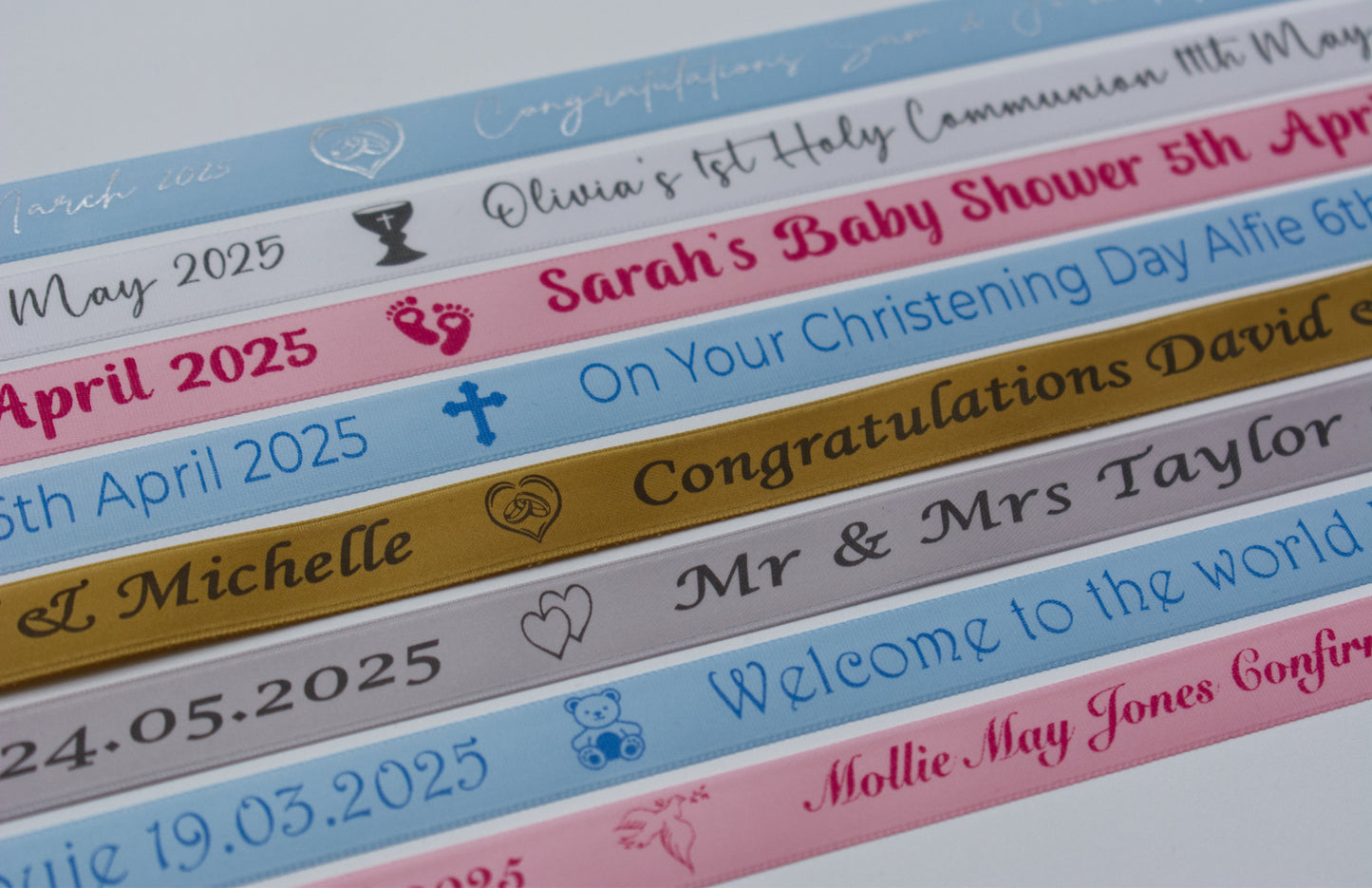 15mm personalised foiled satin ribbon light colours