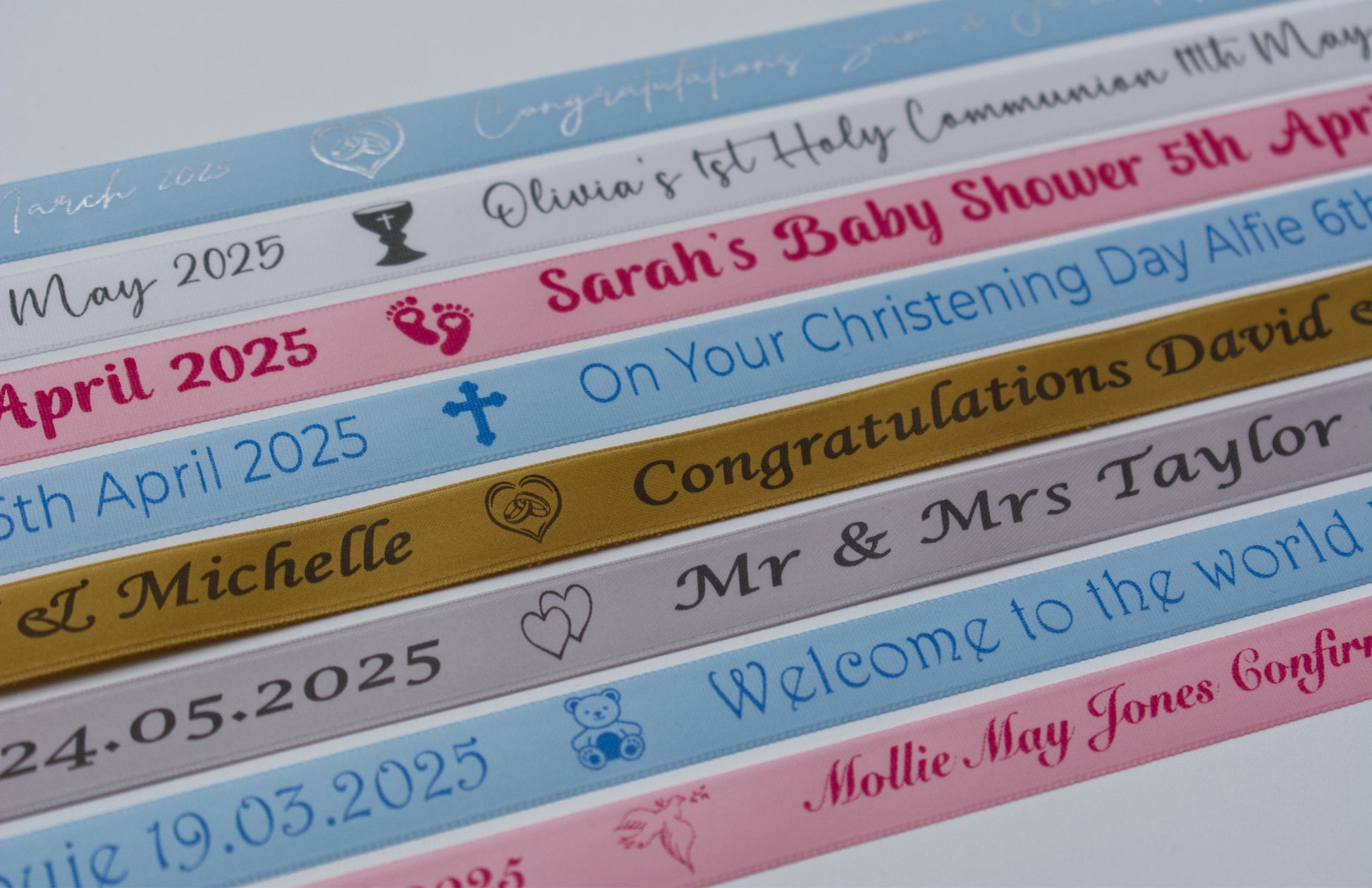 15mm personalised foiled satin ribbon light colours