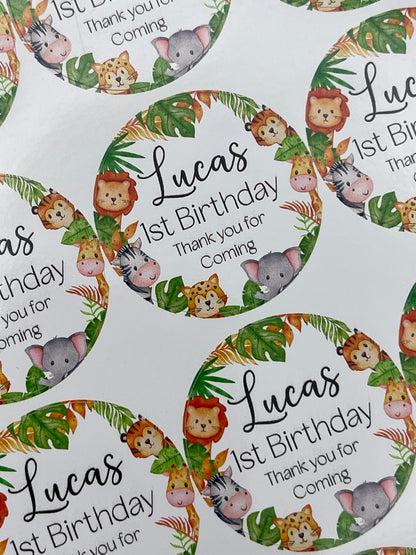 Safari Animals Birthday Personalised Stickers Round