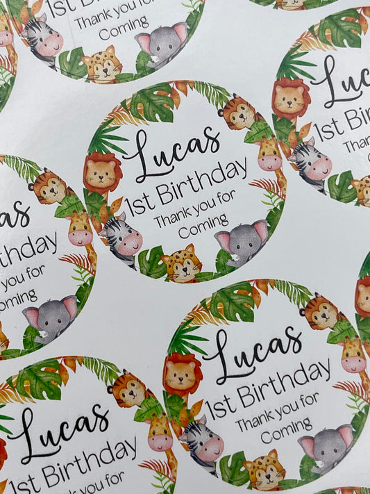 Safari Animals Birthday Personalised Stickers Round
