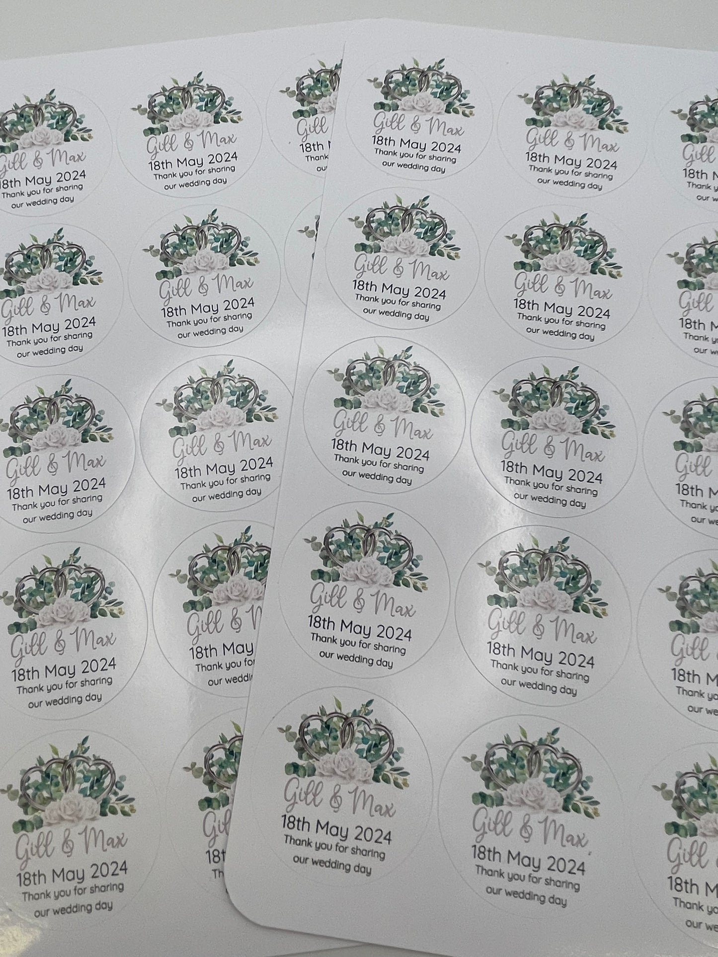 Wedding Hearts and Eucalyptus Personalised Round stickers