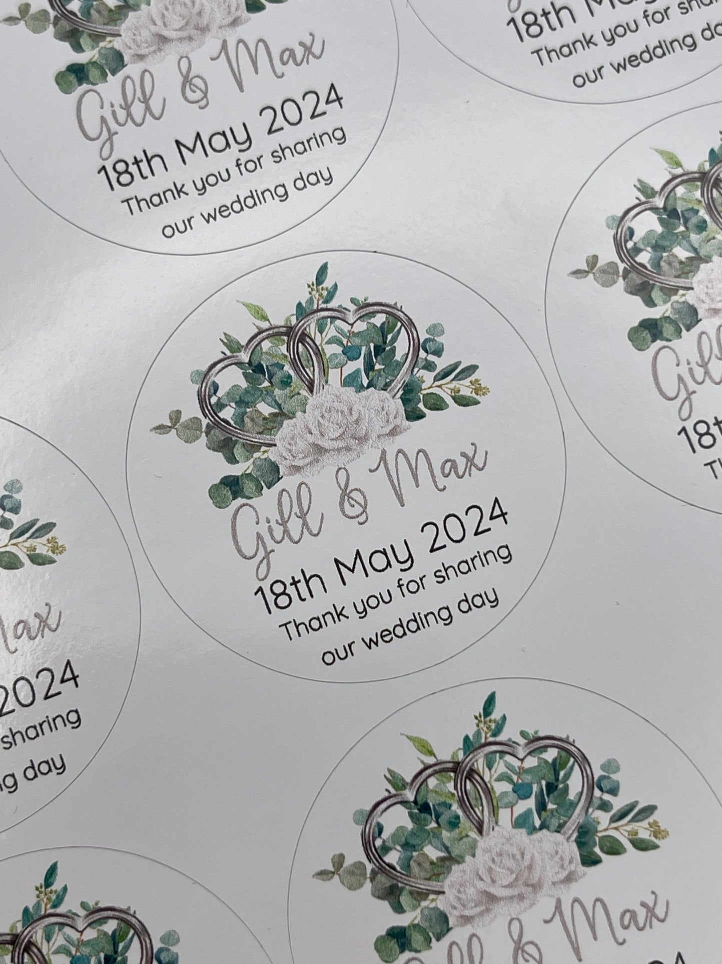 Wedding Hearts and Eucalyptus Personalised Round stickers
