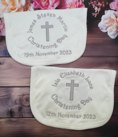 White Cotton Baby Bib with Silver Embroidery will feature name, Cross, Christening Day and Date
