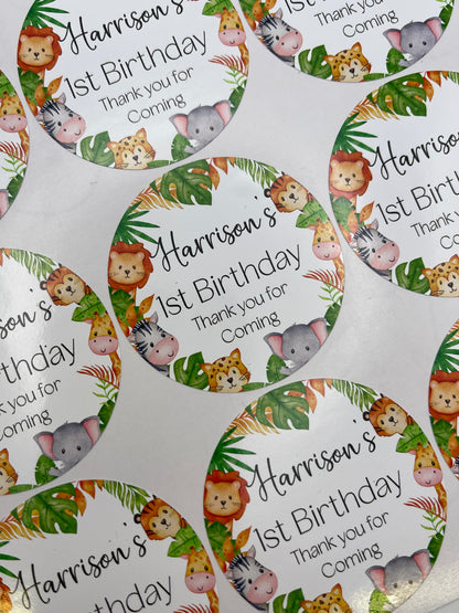 Safari Animals Birthday Personalised Stickers Round