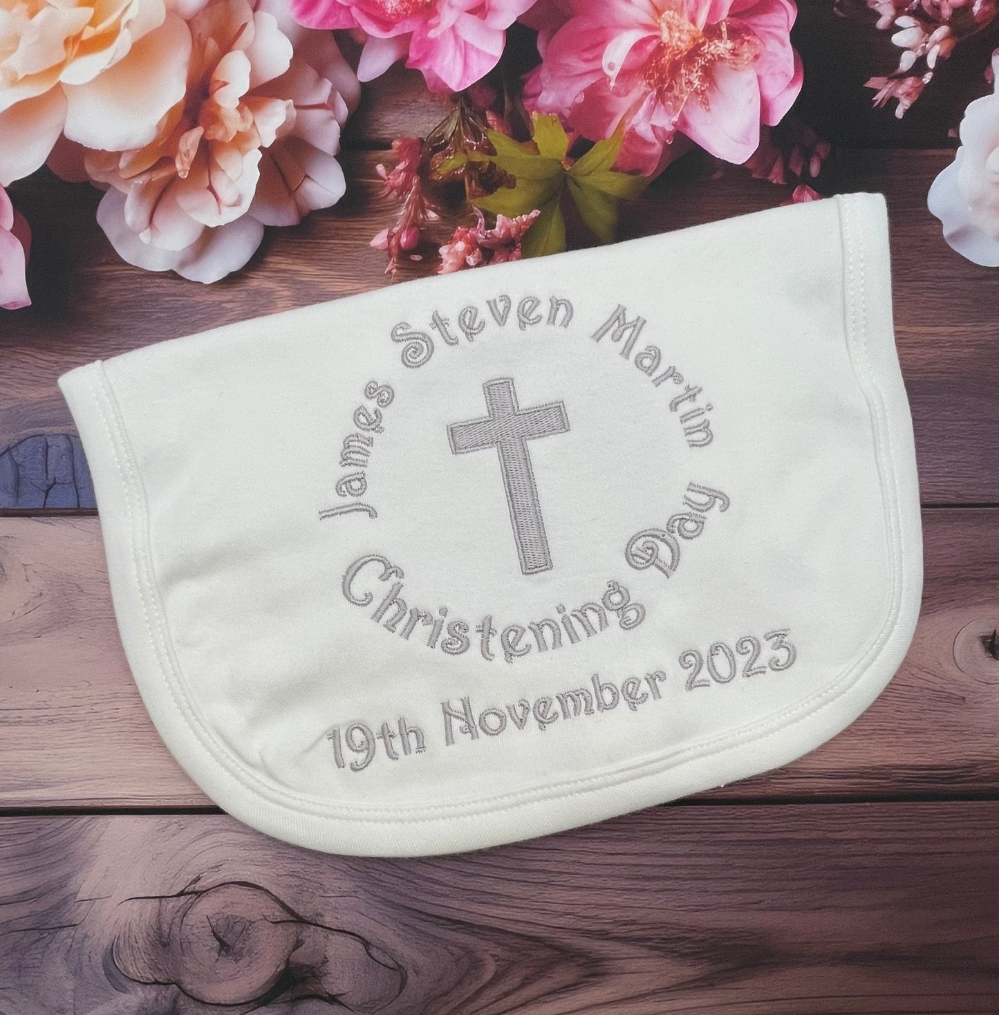 Christening Baby Bib with Cross, Silver Embroidery