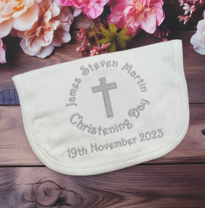 White Cotton Baby Bib with Silver Embroidery will feature name, Cross, Christening Day and Date
