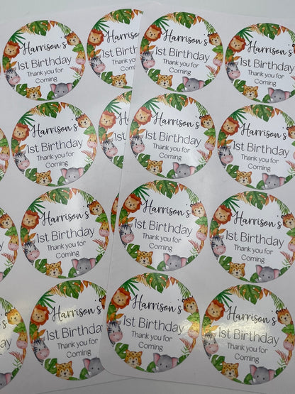 Safari Animals Birthday Personalised Stickers Round