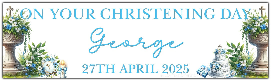 Christening or baptism celebration banner with font and flowers personalised with name and date in blue