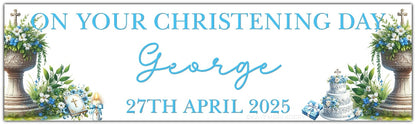 Christening or baptism celebration banner with font and flowers personalised with name and date in blue