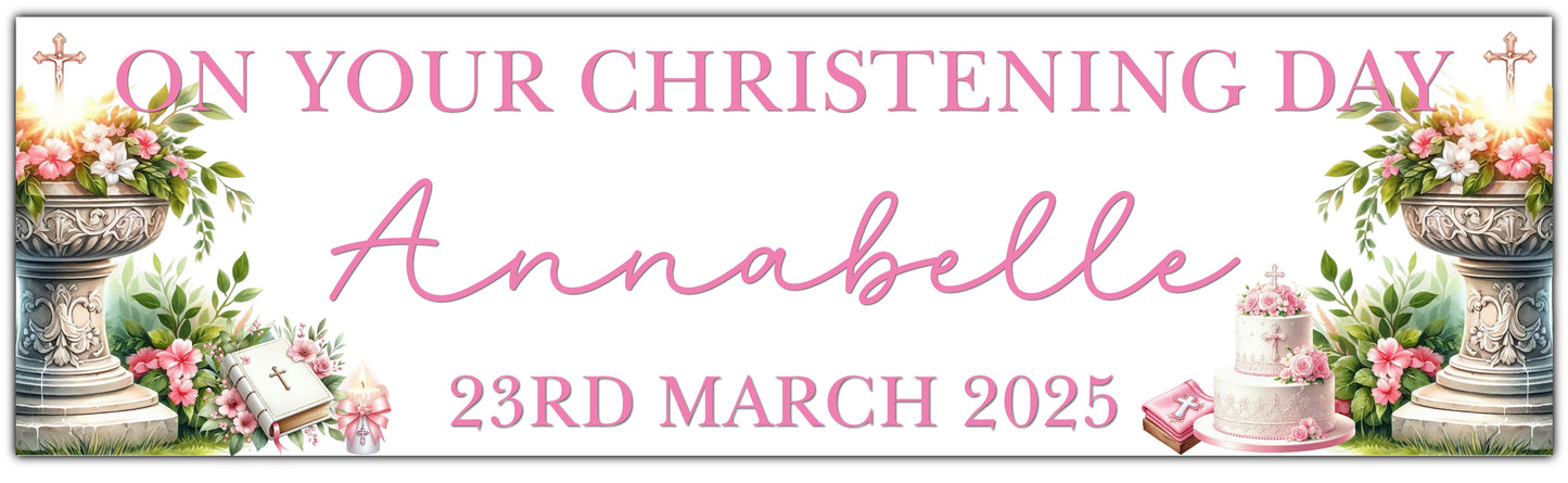 Christening or baptism banner with font and flowers personalised with name and date in pink