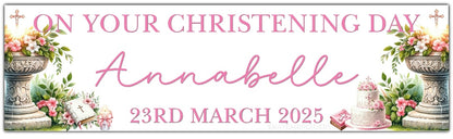 Christening or baptism celebration banner with font and flowers personalised with name and date in pink