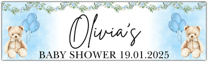 Teddy Bear and Flowers Baby Shower Banner in blue personalised with name and date