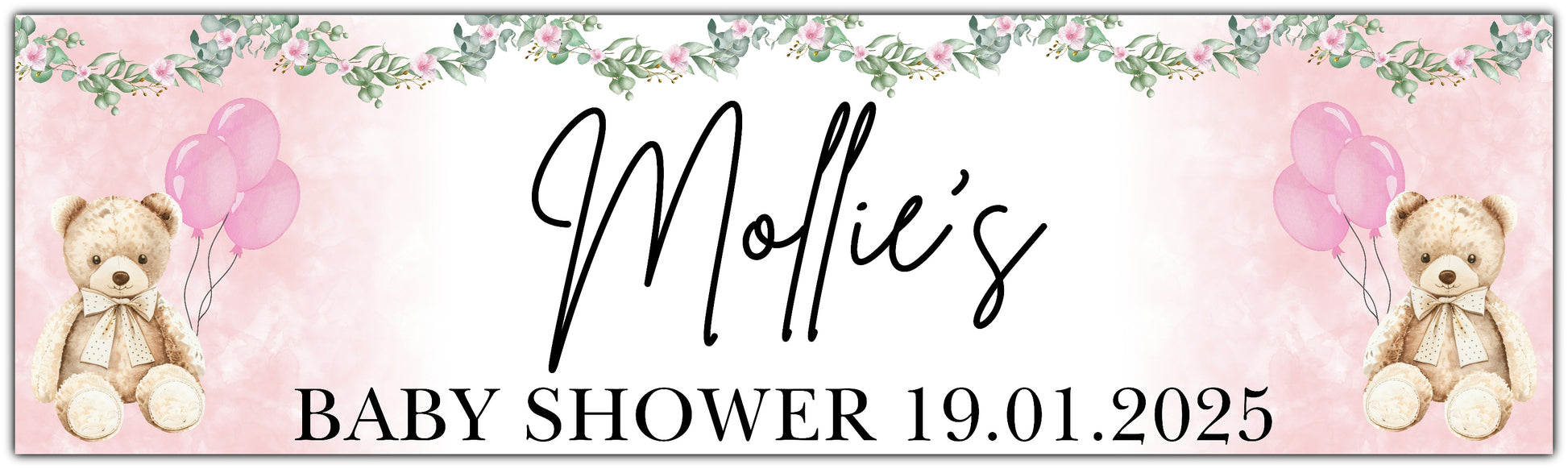 Teddy Bear and Flowers Baby Shower Banner in Pink personalised with name and date