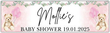 Teddy Bear and Flowers Baby Shower Banner in Pink personalised with name and date