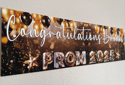 Prom Banner Black and Gold Balloons Personalised with Congratulations Name and Prom 2025