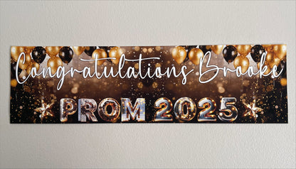 Prom Banner Black and Gold Balloons Personalised with Congratulations Name and Prom 2025