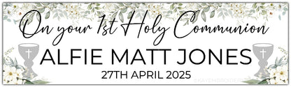 1st First Holy Communion Banner White Floral, Greenery theme with silver Chalice. Personalised with name and date