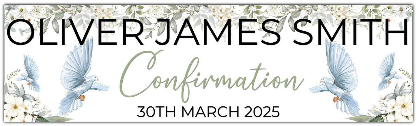 Confirmation banner with dove and white flowers personalised with name and date in sage green