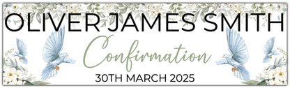 Confirmation banner with dove and white flowers personalised with name and date in sage green